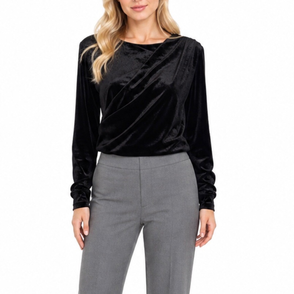 Maison d’ Amélie Black Velveteen Draped Faux Wrap Ruched Back Top Size Small